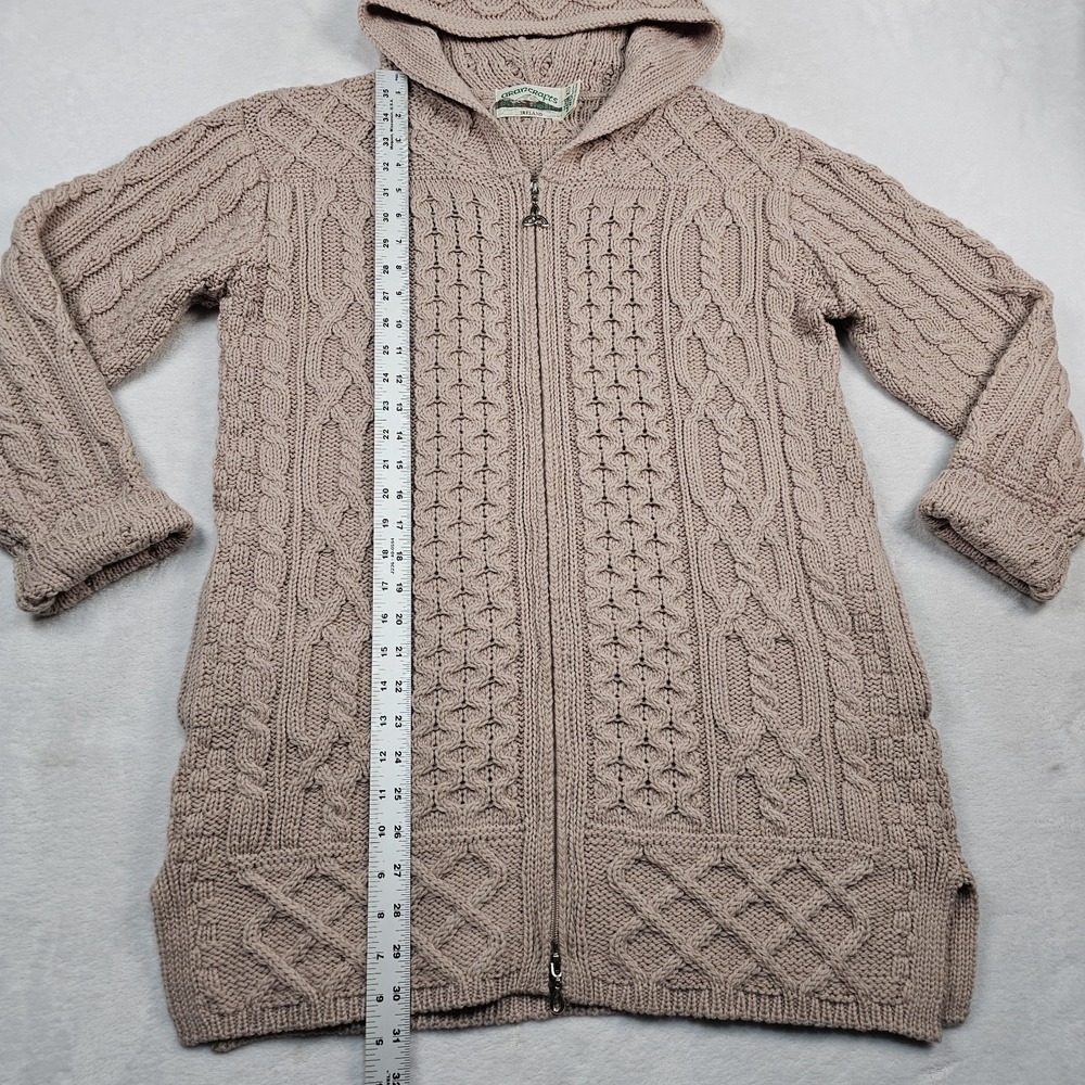 Aran Crafts Irish Wool Cable Knit Full Zip Cardigan Hoodie Womens XS Toupe Long - Picture 13 of 15